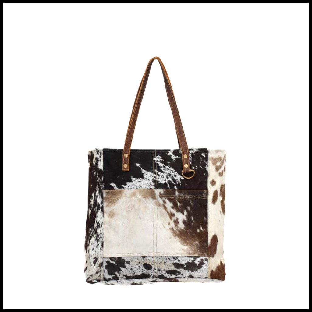 Western Style Cow Print Shoulder Bag With Leather Strap, Upcycled Materials